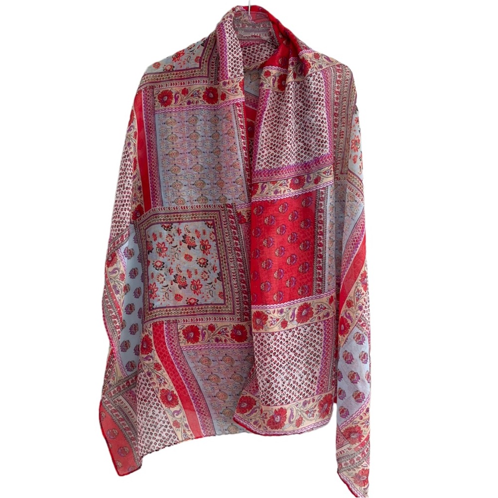 Large Scarf  Lightweight red, purple, white patchwork scarf / wrap